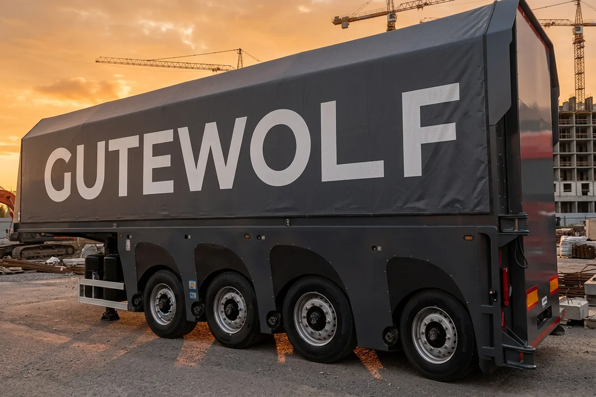 Четырёхосный полуприцеп стекловоз GuteWolf 4 оси на стройплощадке, вид сбоку