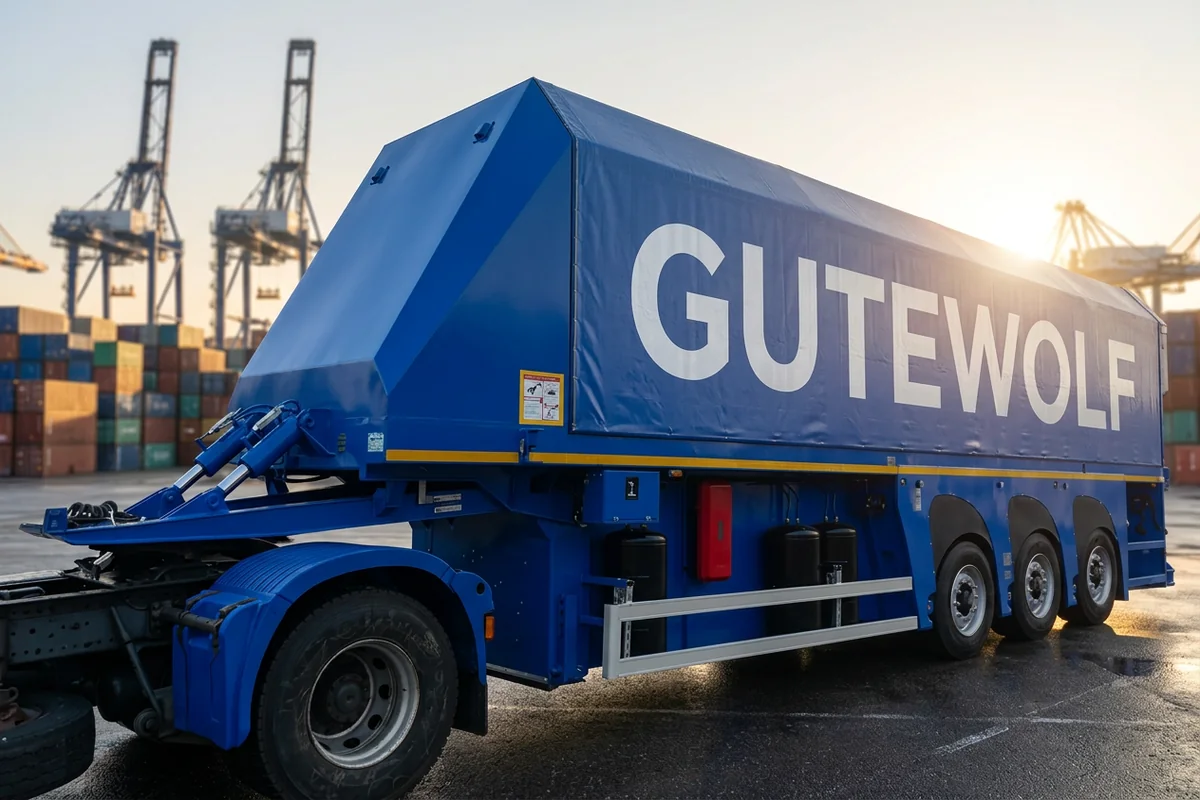 Синий полуприцеп стекловоз GuteWolf с внутренней загрузкой в порту, вид сбоку
